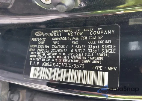 2012 Hyundai Tucson Gls z USA, uszkodzony, nr VIN KM8JUCAC1CU479573